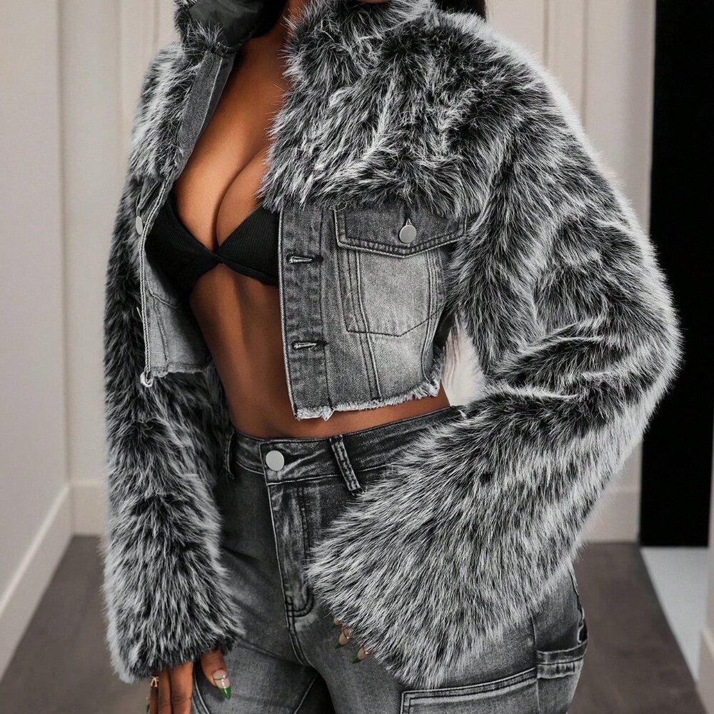 Casual Blue Women's Patchwork Denim Jacket with Faux Fur Collar - Picture 3 of 7